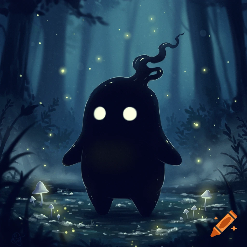 A cute, dark blob-like creature with glowing eyes stands in a whimsical, glowing dark forest at night, surrounded by tiny glowing lights and mushrooms.