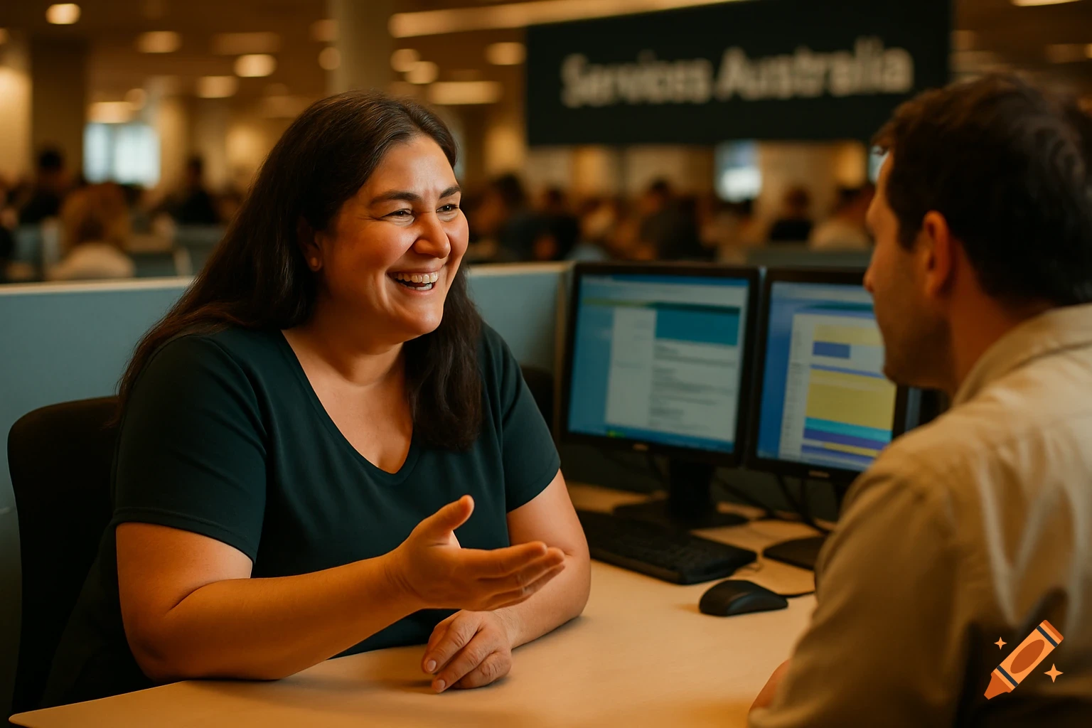 A smiling woman in an office setting talks to a client across a desk, with computer monitors and a "Services Australia" sign in the background. Cinematic style.