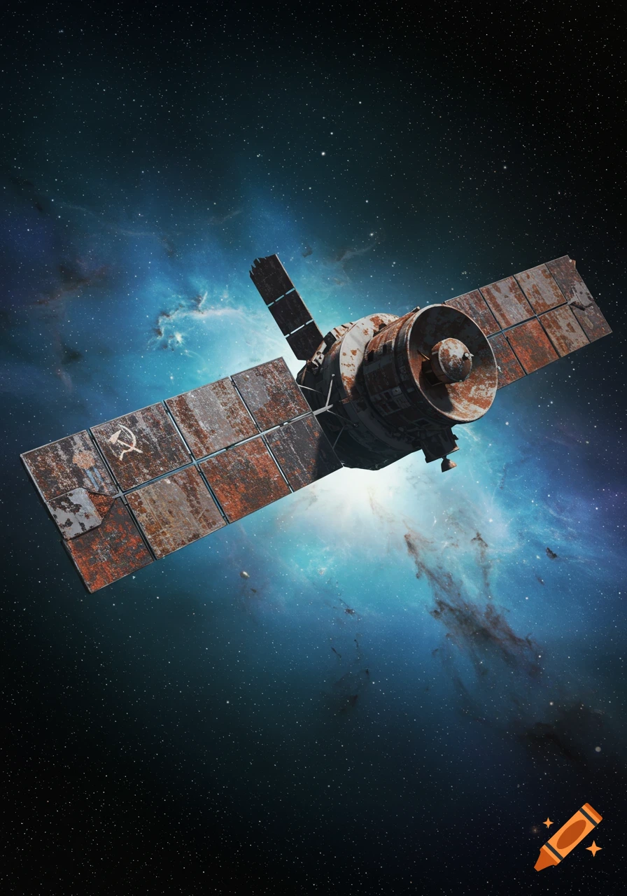 A rusty, abandoned Soviet satellite floats in deep space against a vivid blue nebula and starry background.