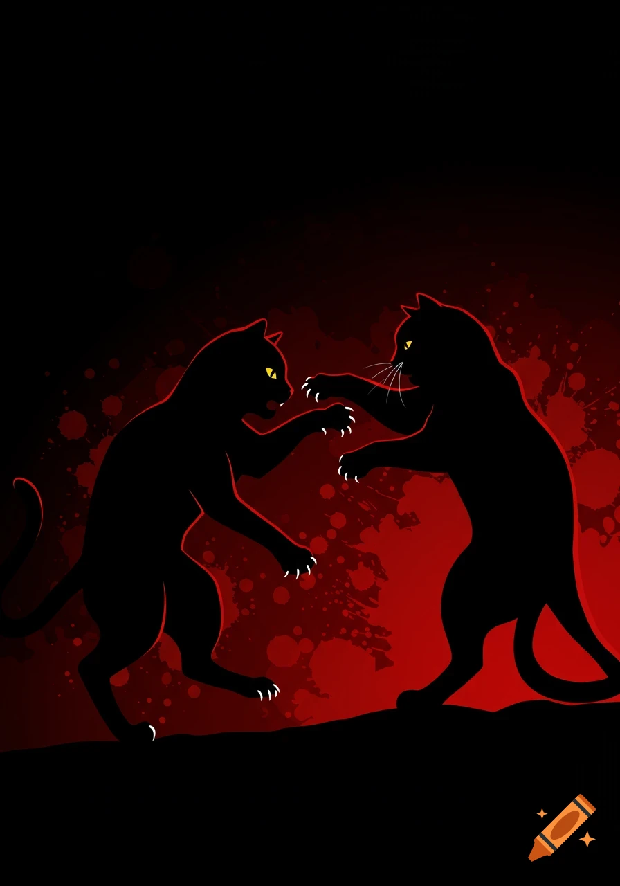Two black cat silhouettes with yellow eyes and white claws fighting against a red and black splattered background, stylized.