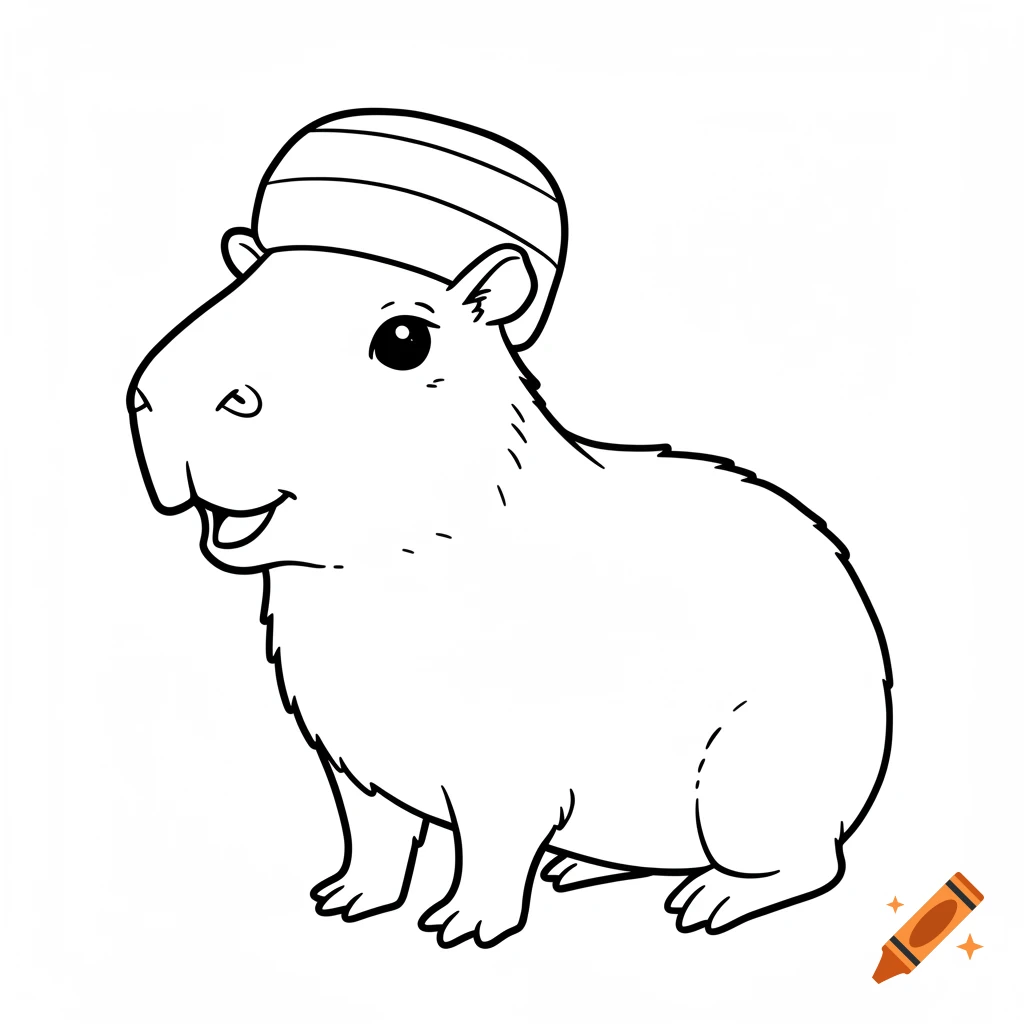 Black and white line art of a smiling capybara wearing a striped hat, for coloring.