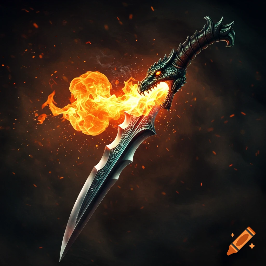 A detailed fantasy dagger with a dragon head handle, breathing a stream of fire against a dark, fiery background.