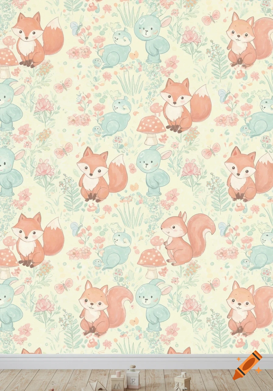 Cute watercolor wallpaper with a repeating pattern of orange foxes, blue rabbits, squirrels, flowers, and mushrooms on a light yellow background.