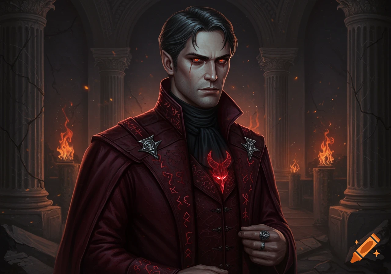 A dark fantasy portrait of a human male warlock with glowing red eyes and pointy ears, wearing a dark red coat with glowing runes and a demonic sigil, standing in a ruined hall with columns and fires.