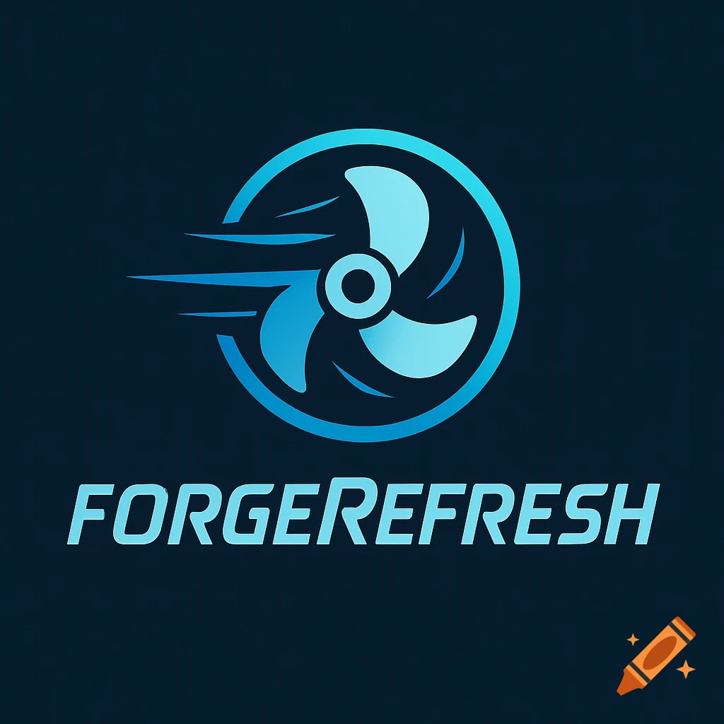 Blue and cyan logo for ForgeRefresh with a stylized fan icon and motion lines above the brand name.