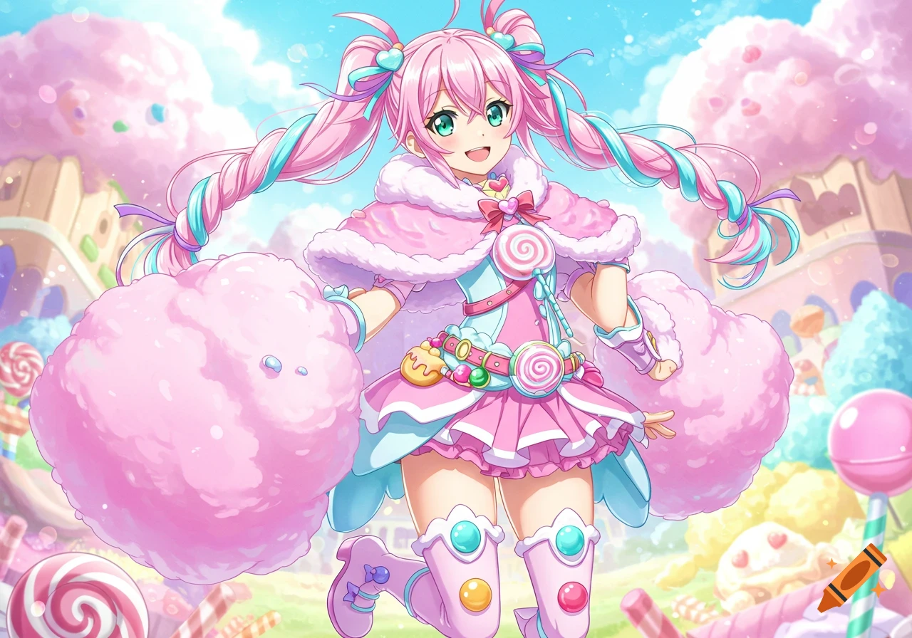 An anime girl with pink and turquoise pigtails, wearing a candy-themed pink outfit, stands in a whimsical candy land.