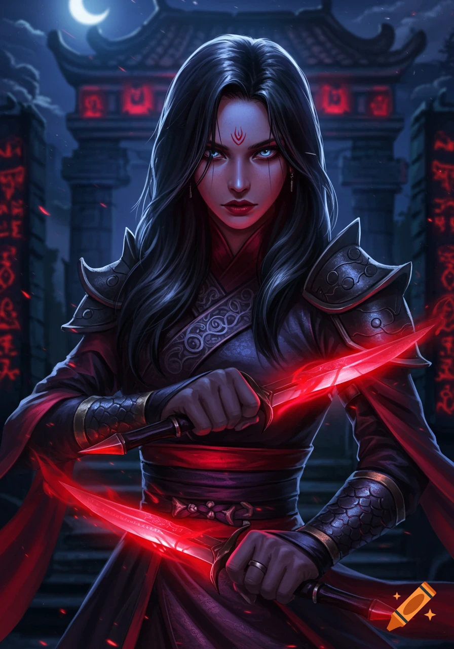 A dark fantasy portrait of a female demon hunter with glowing blue eyes, holding two glowing red daggers, standing before a dark temple under a crescent moon.