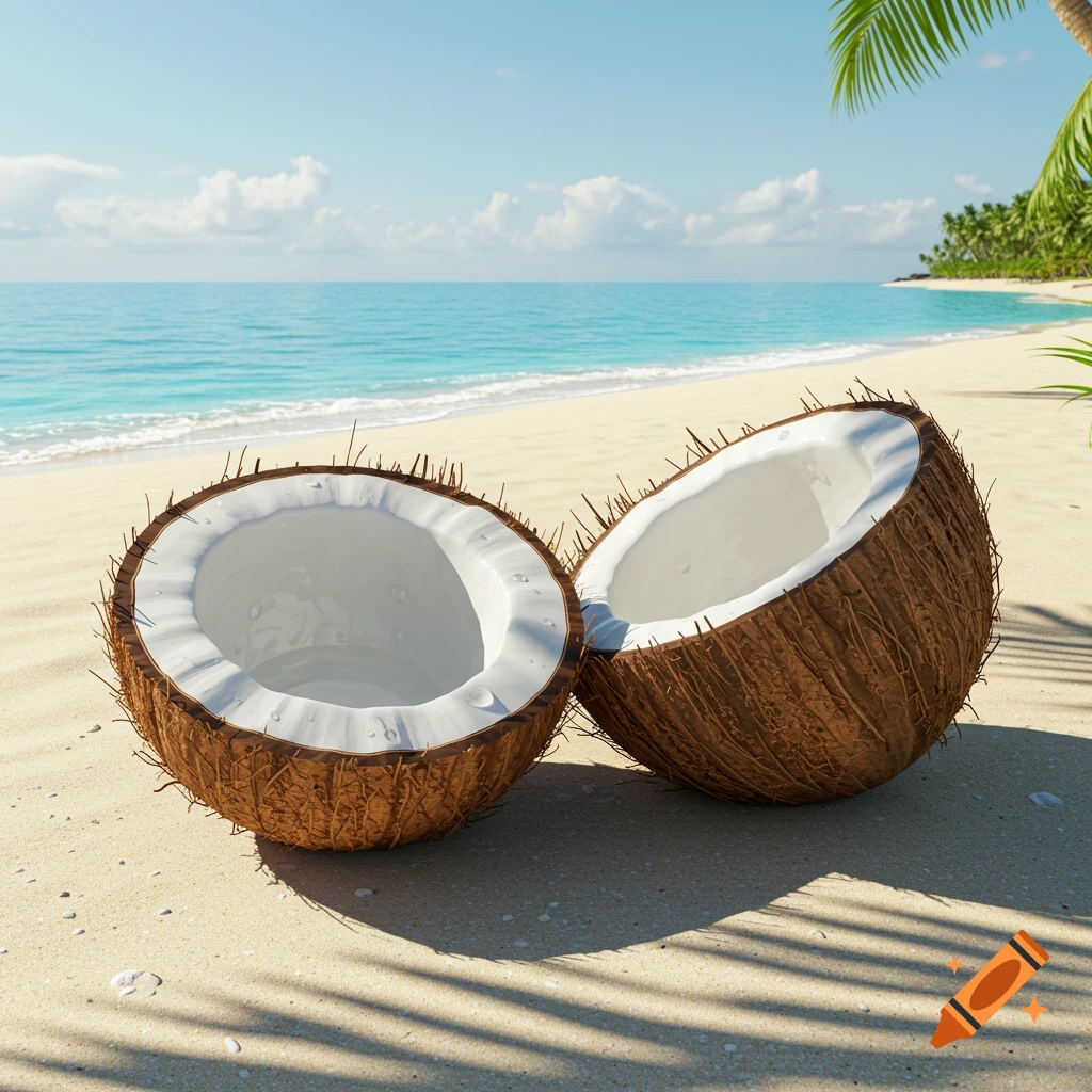 Two halves of a coconut lie on a sandy beach with the ocean and a blue sky in the background.