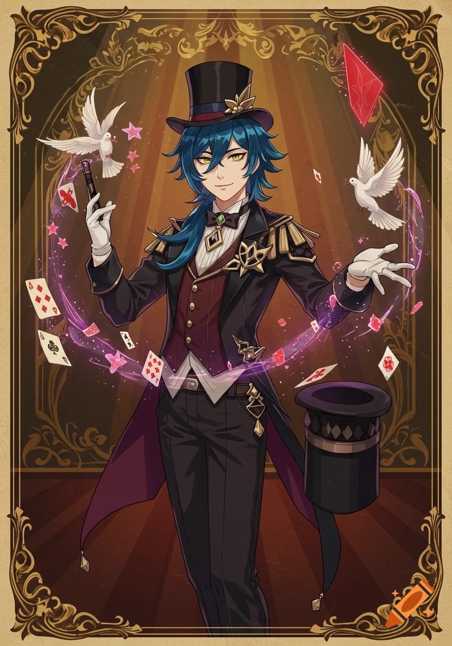 An anime-style male magician with blue hair in a black suit and top hat performs a trick with floating playing cards and doves, set against a vintage poster background.