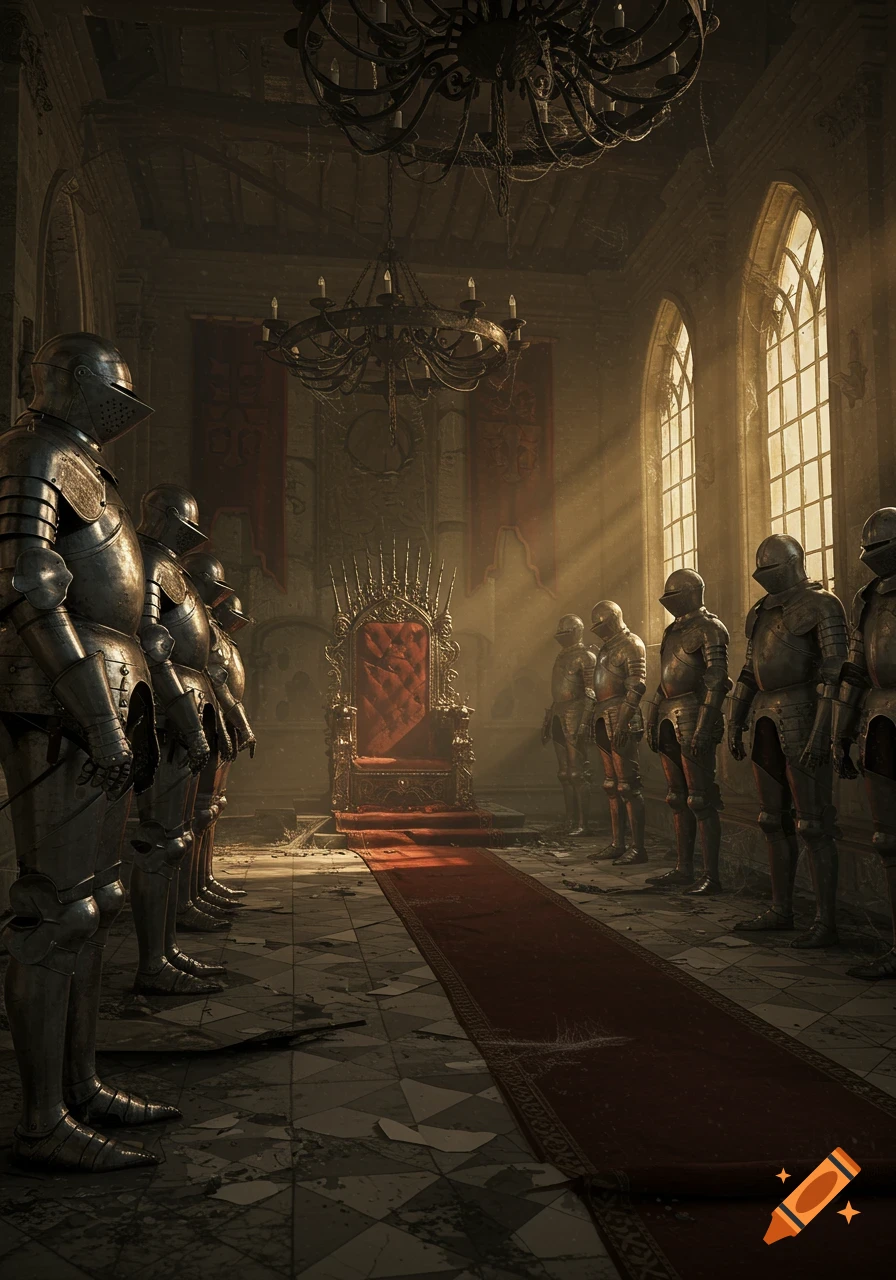 Armored knights stand in a dimly lit, unkempt medieval throne room with a red throne, sunlight streaming through windows.