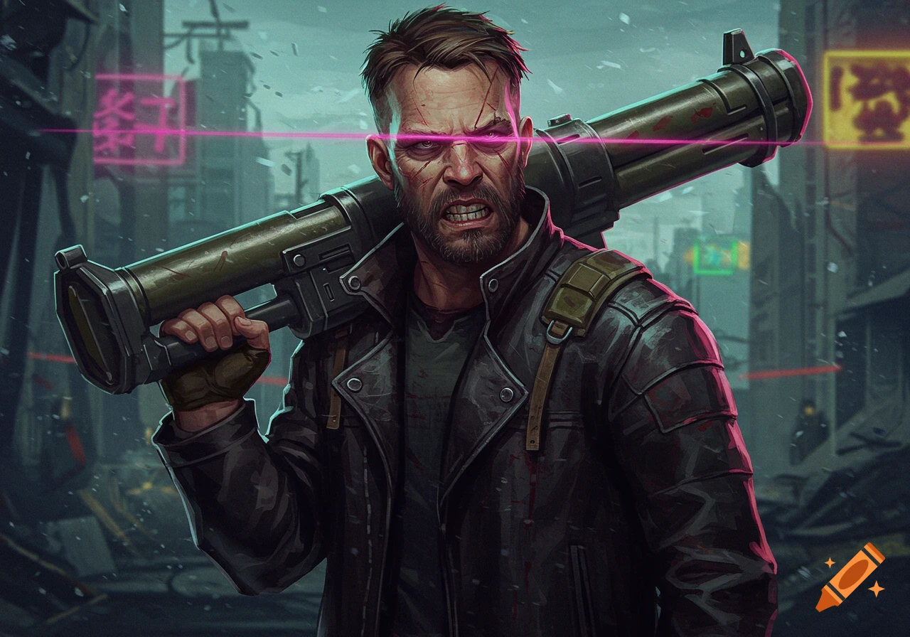 A gritty man with glowing pink eyes and a scarred face holds a rocket launcher in a dark, snowy cyberpunk city.