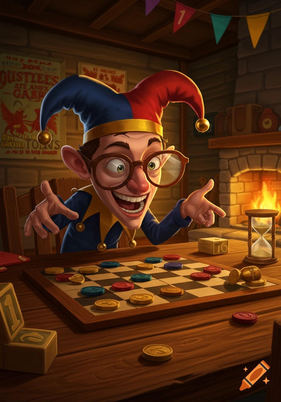 A cartoon jester with a wide grin and jester hat plays checkers at a wooden table next to a fireplace.