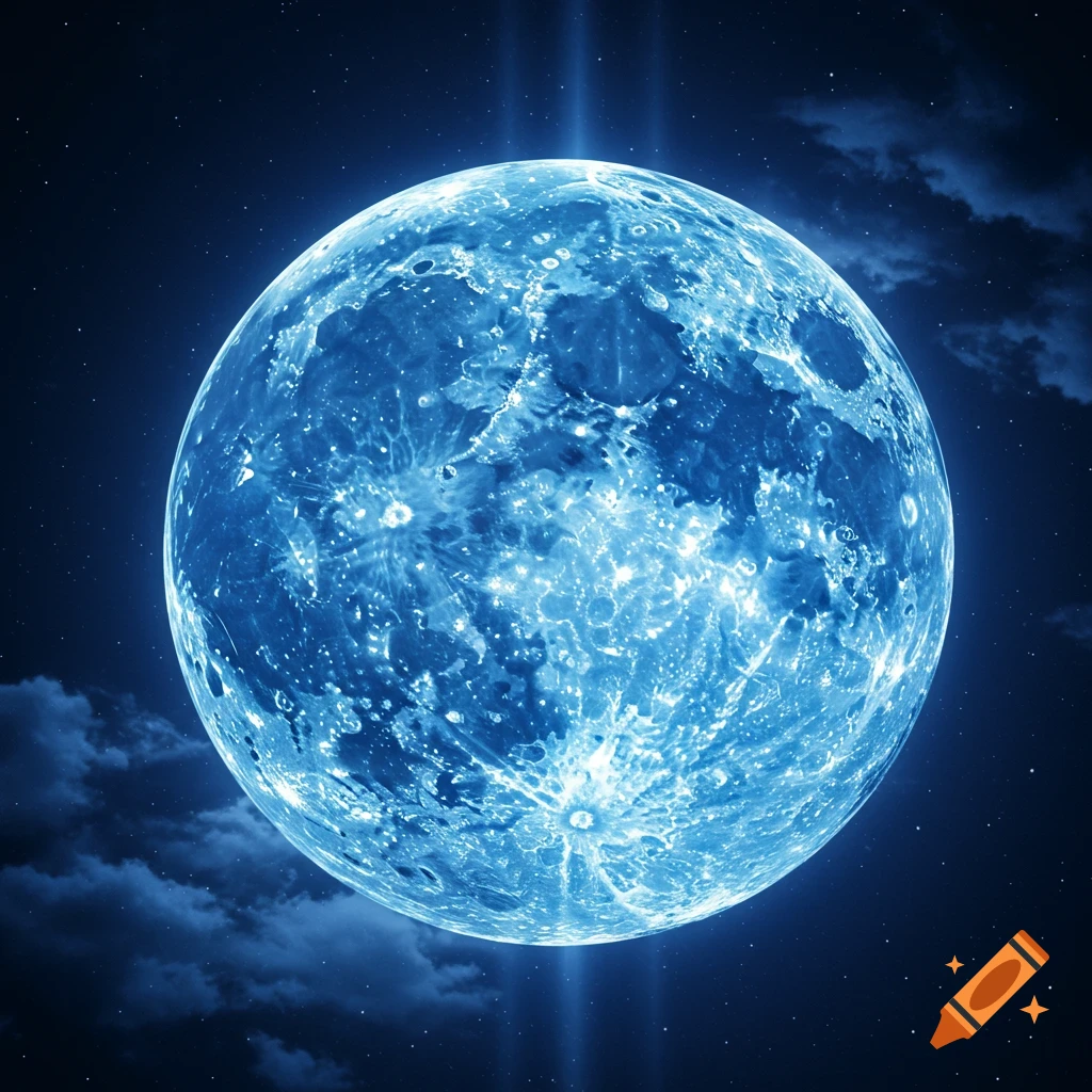 A luminous blue moon glows brightly in the dark expanse of space, surrounded by faint stars and wispy clouds.