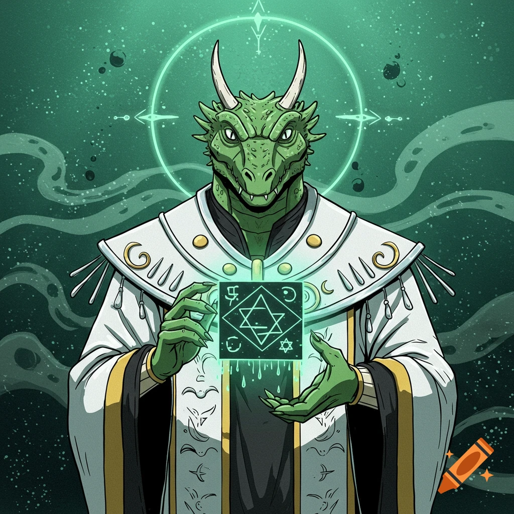 A green reptilian priest in white robes holds a glowing cube with symbols in an anime art style.
