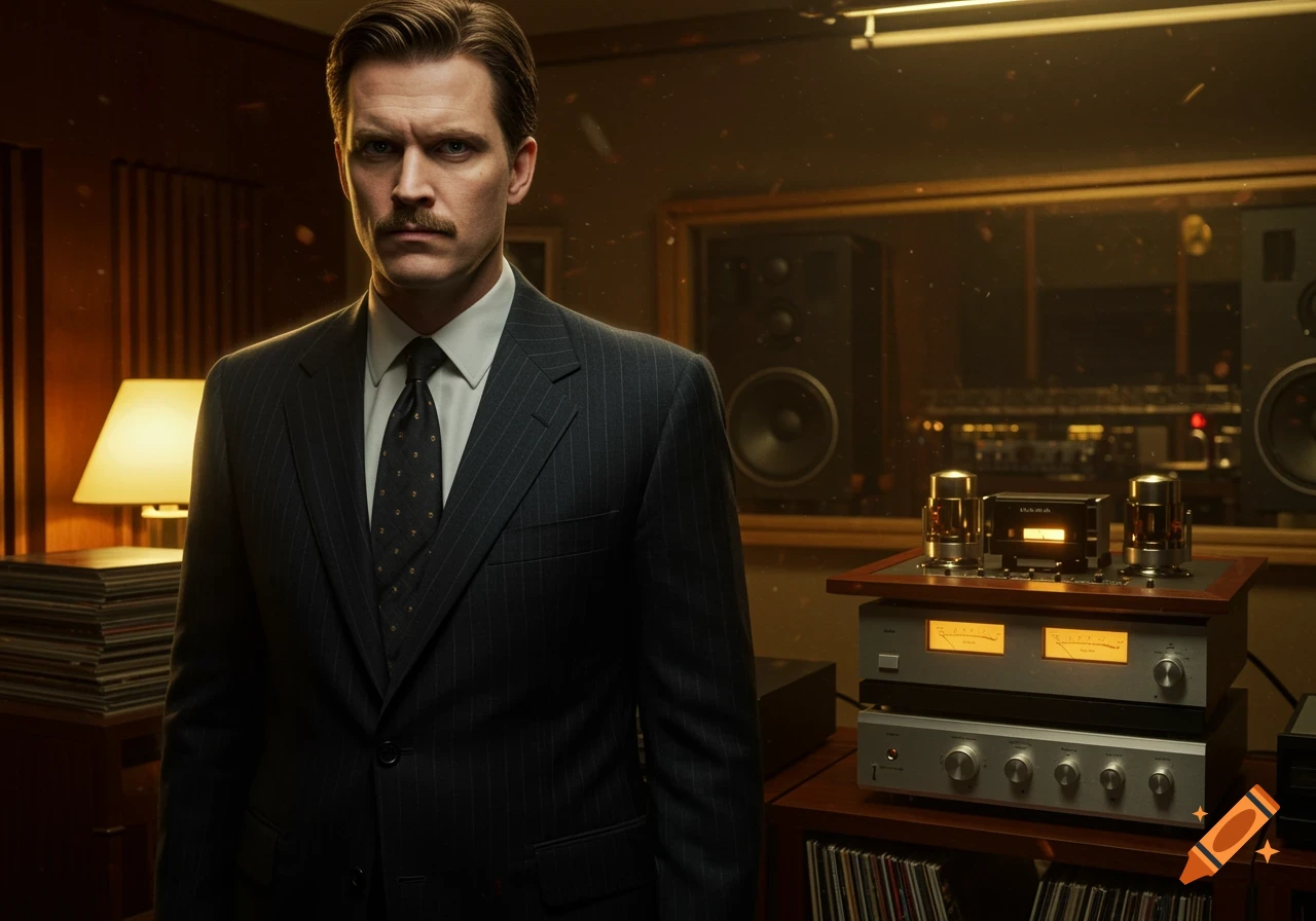 A man with a mustache in a pinstripe suit stands in a dimly lit studio next to vintage hi-fi equipment.