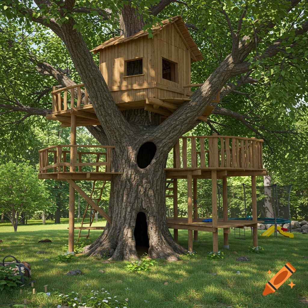 Photorealistic image of a multi-level wooden treehouse built into a large tree in a sunny green backyard, with a trampoline.