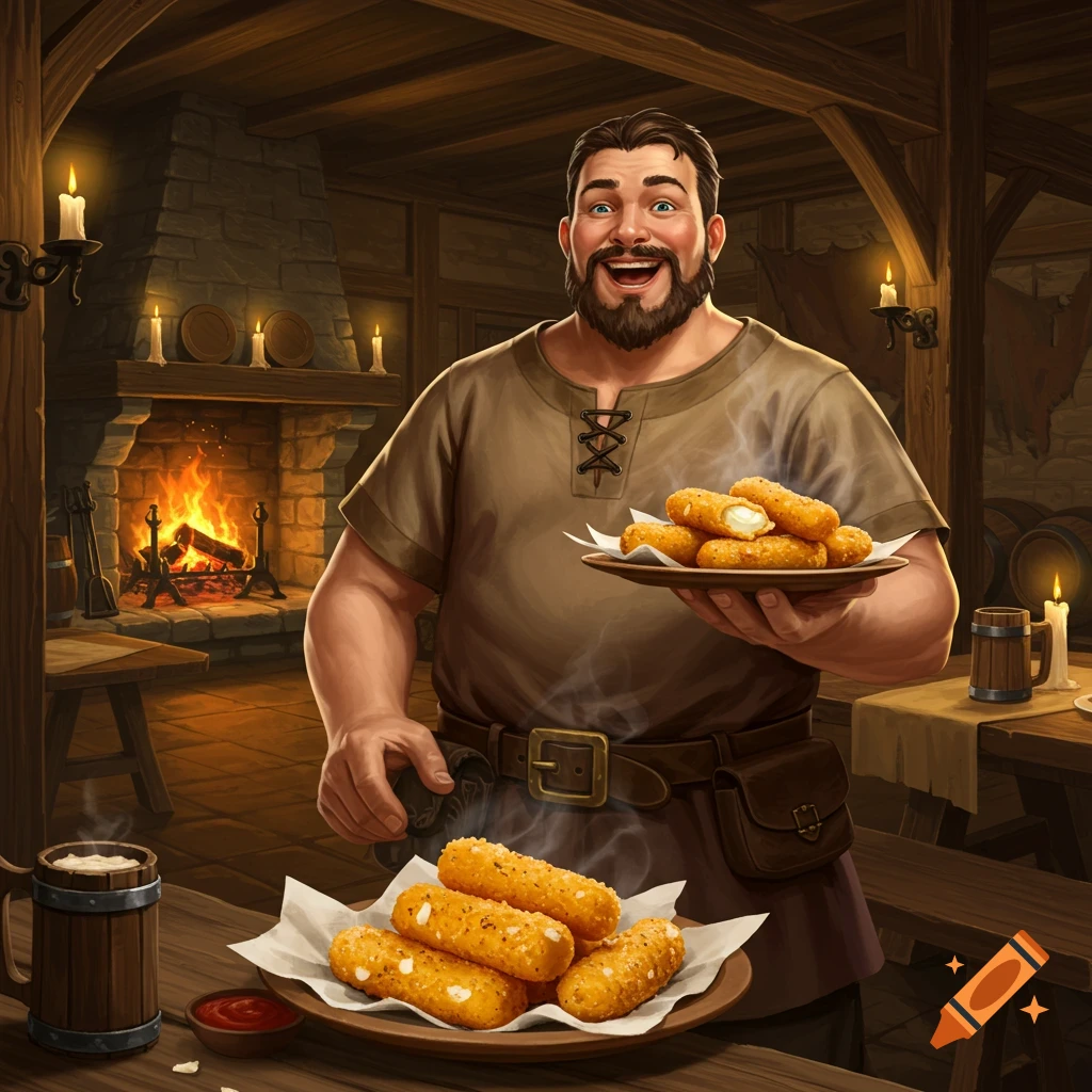 A medieval-style painting of a man smiling brightly, holding a plate of mozzarella sticks, inside a cozy tavern with a roaring fireplace.