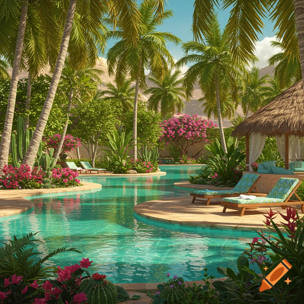 Photorealistic tropical resort pool with palm trees, lush plants, and lounge chairs.