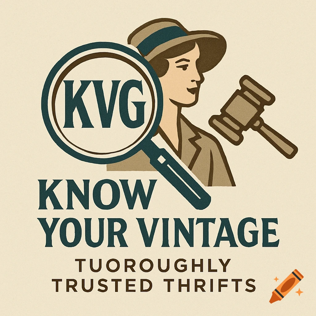 Vintage style logo featuring a woman, magnifying glass with 'KVG', and gavel. Text: 'KNOW YOUR VINTAGE TUOROUGHLY TRUSTED THRIFTS'.
