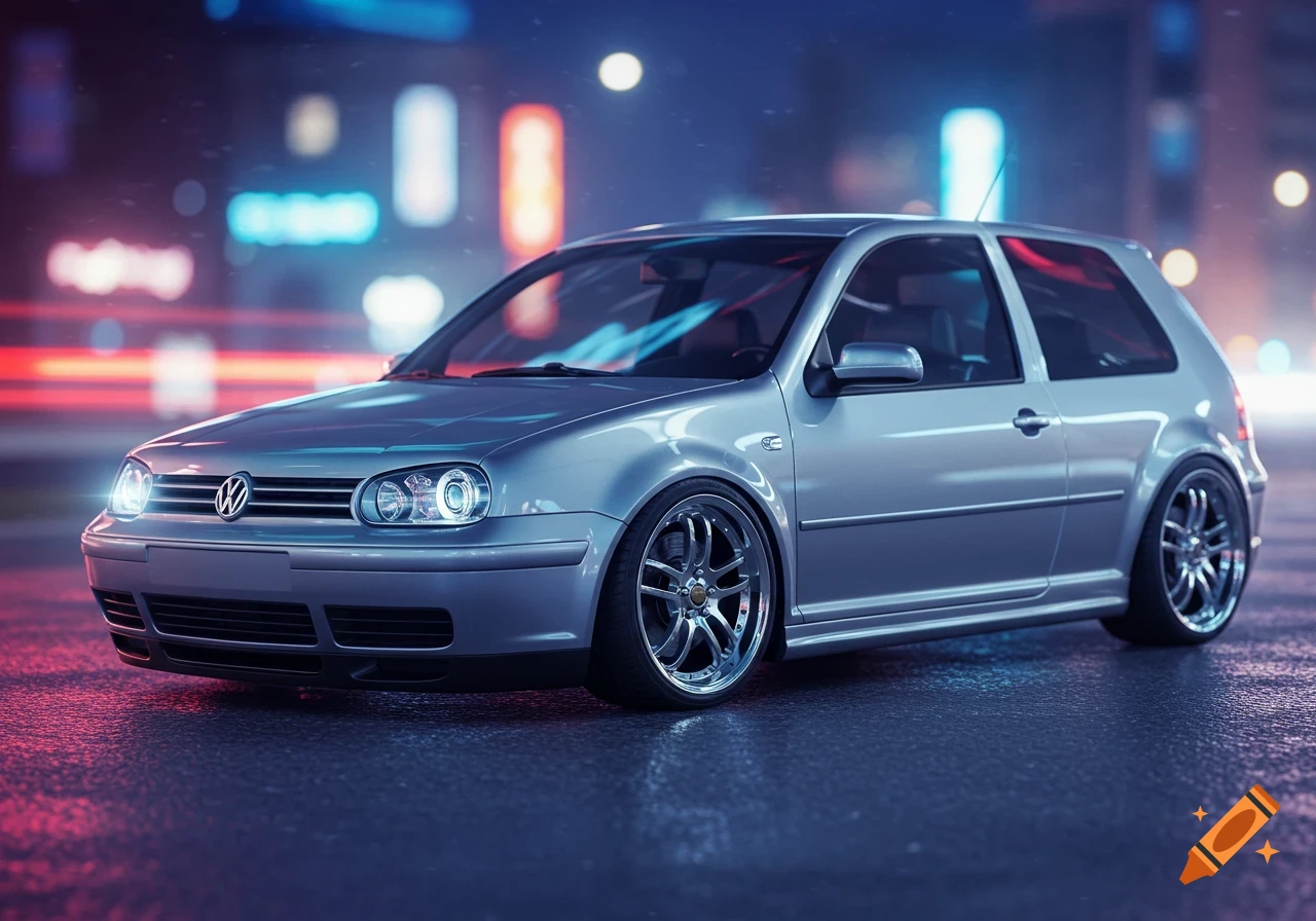 A silver Volkswagen Golf Mk4 is parked on a wet street at night, with neon city lights blurred in the background, in a photorealistic style.
