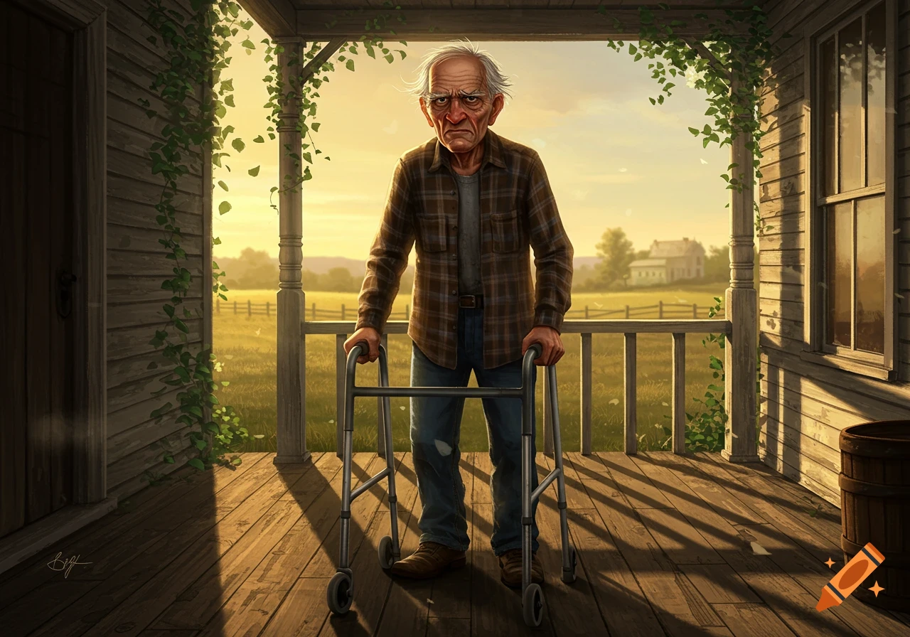 A stylized illustration of a cranky old man standing with a walker on a wooden porch, overlooking a sunny countryside field at sunset.
