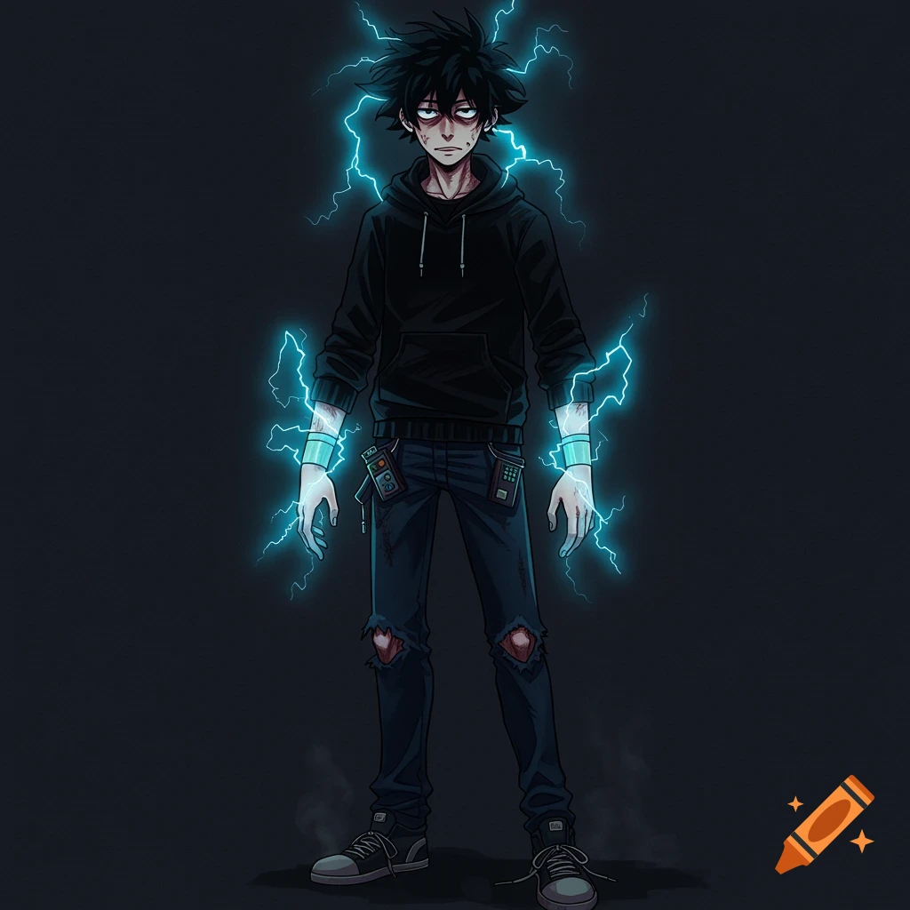 An anime character with black spiky hair and red eyes, wearing a black hoodie and ripped jeans, surrounded by blue electricity.