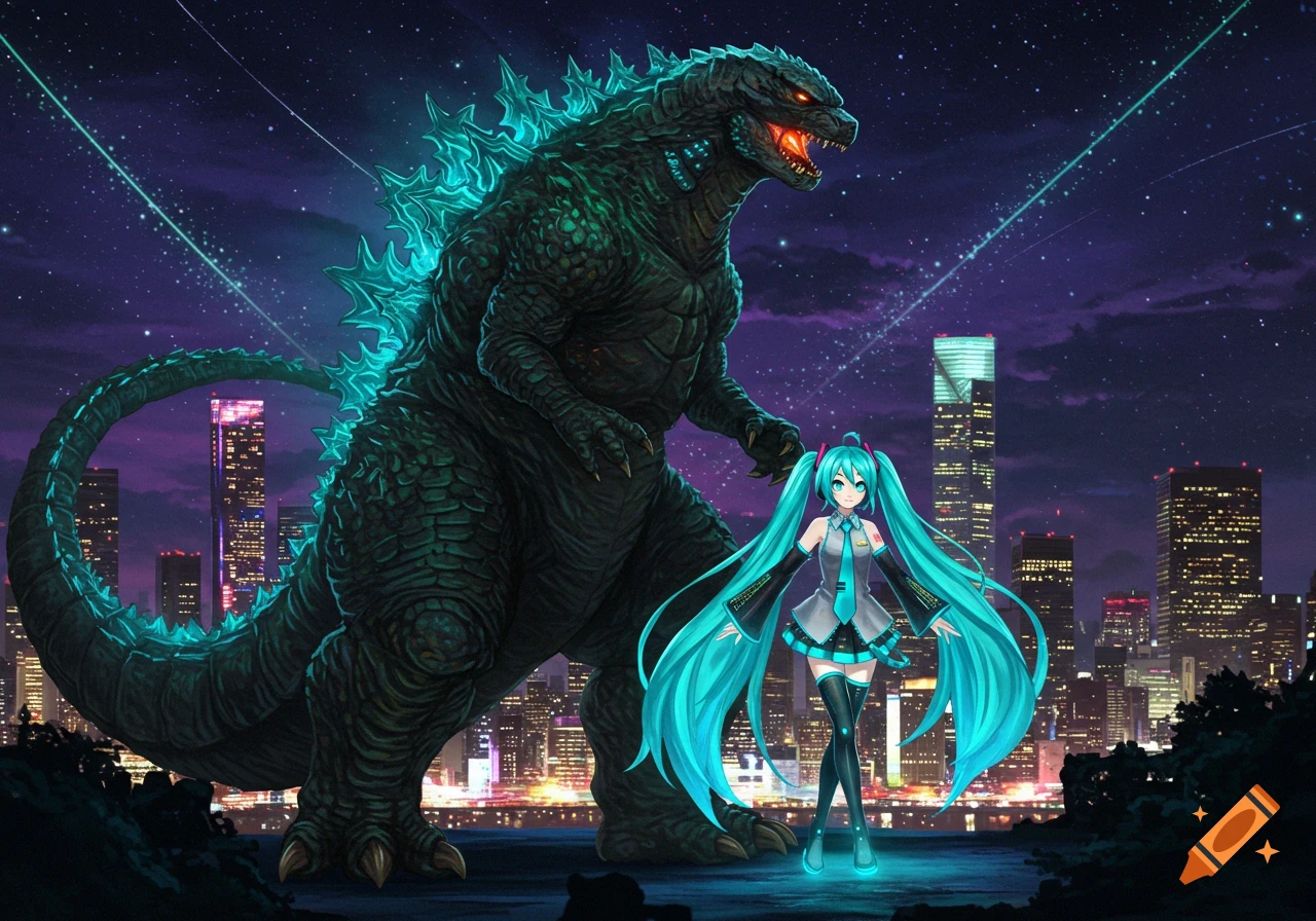 Godzilla and Hatsune Miku stand together in a city at night, with bright stars and city lights.