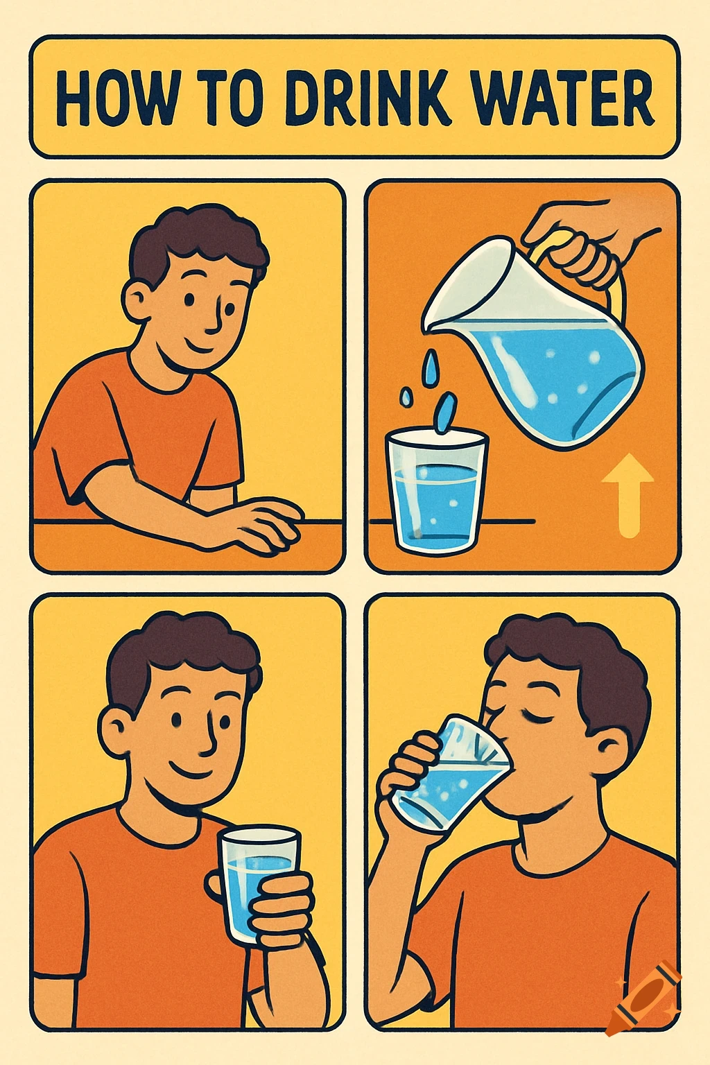 A cartoon instructional poster titled 'HOW TO DRINK WATER' shows four panels demonstrating the process of pouring and drinking water.
