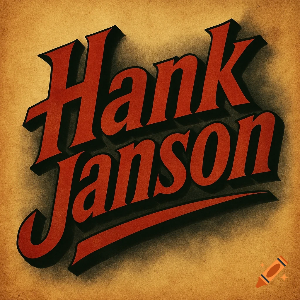 A vintage-style logo featuring the name "Hank Janson" in bold, red, slanted block letters with a dark shadow effect, set against a textured, light brown background.