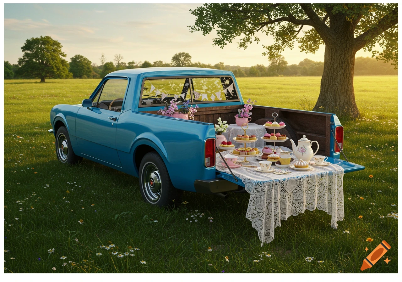 A light blue pickup truck with its tailgate down, set up for a tea party in a grassy field at sunset.