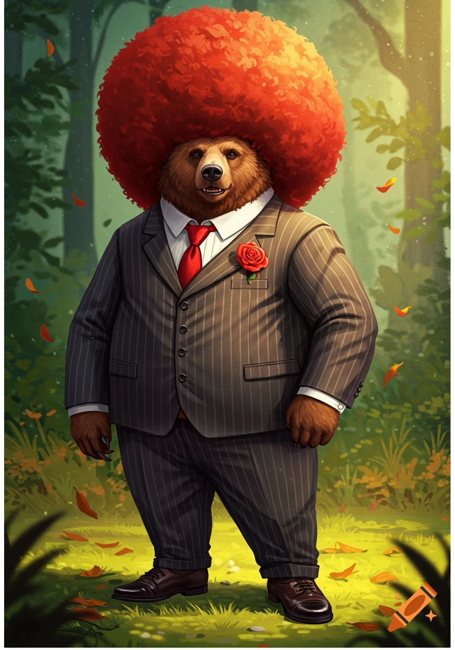 A grizzly bear with a large red afro wears a pinstripe suit, red tie, and a red rose on its lapel, standing in a sunny forest.