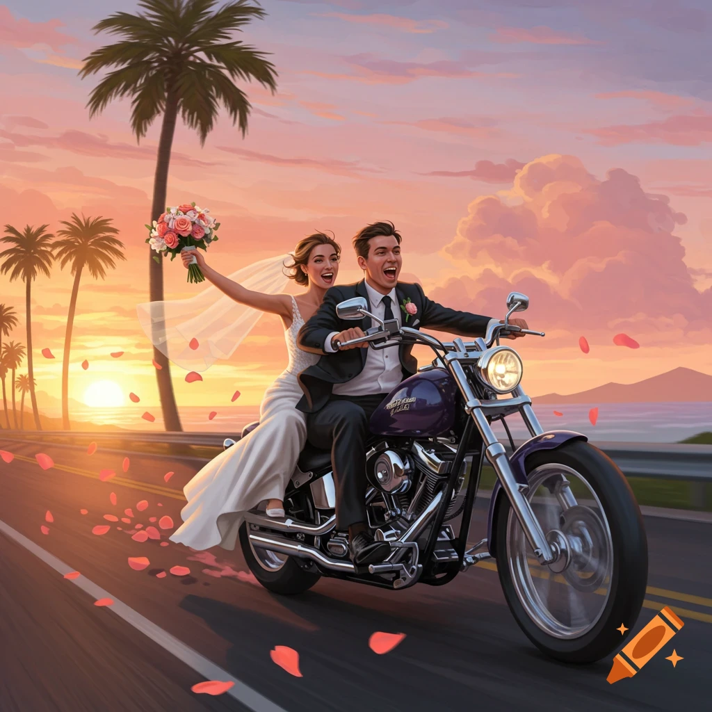 A newly married couple rides a purple motorcycle down a palm-lined road at sunset, with rose petals falling around them, in a vibrant illustration.