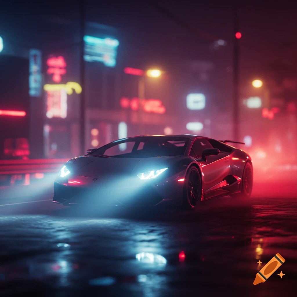A sleek Lamborghini sports car with bright headlights drives on a wet city street at night, surrounded by blurred red and blue neon lights.