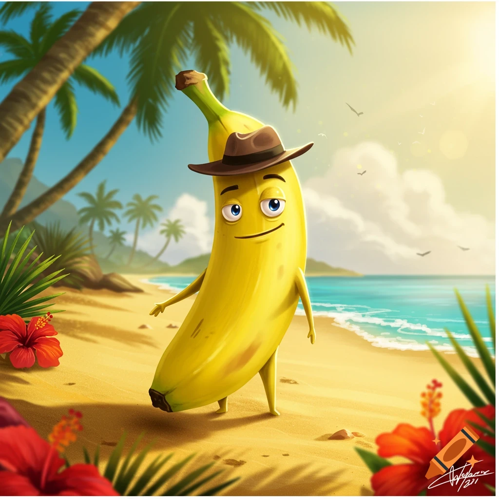 Cartoon banana character wearing a hat on a sunny tropical beach with palm trees and ocean.