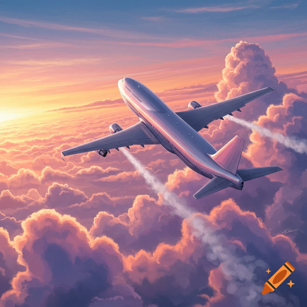 An airplane flies high above pink and purple clouds during sunset or sunrise, leaving white contrails.