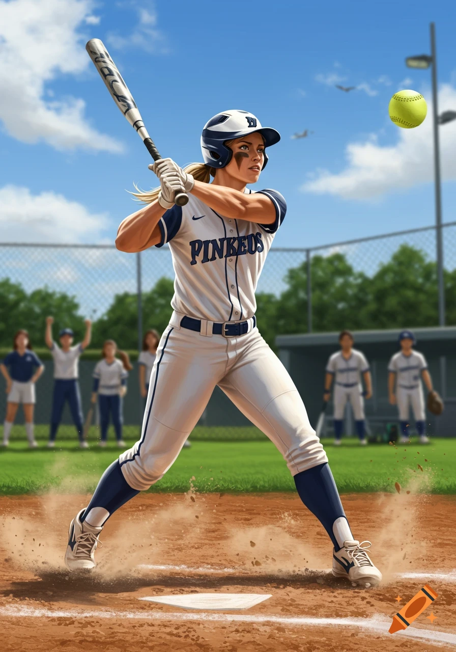A female softball player in a white and blue uniform swings a bat at a yellow ball on a dirt field under a blue sky.