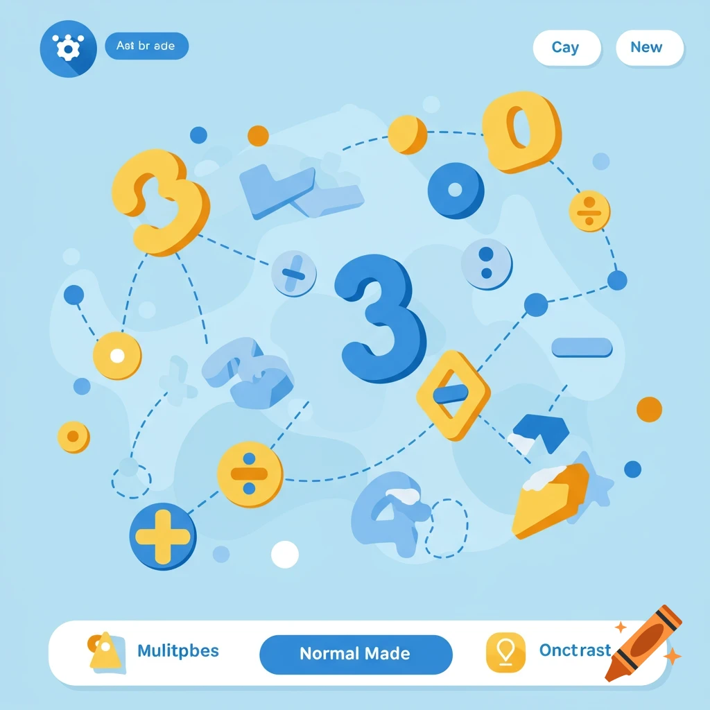A vibrant, cartoonish illustration of math symbols and numbers (like 3, 0, plus, minus) connected by dashed lines on a light blue background, with game UI elements.