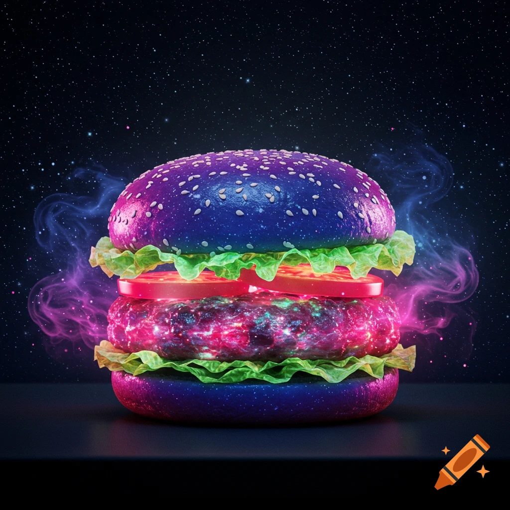 A vibrant, stylized burger with a purple bun, green lettuce, red tomato, and a glowing galaxy-patterned patty against a starry space background.