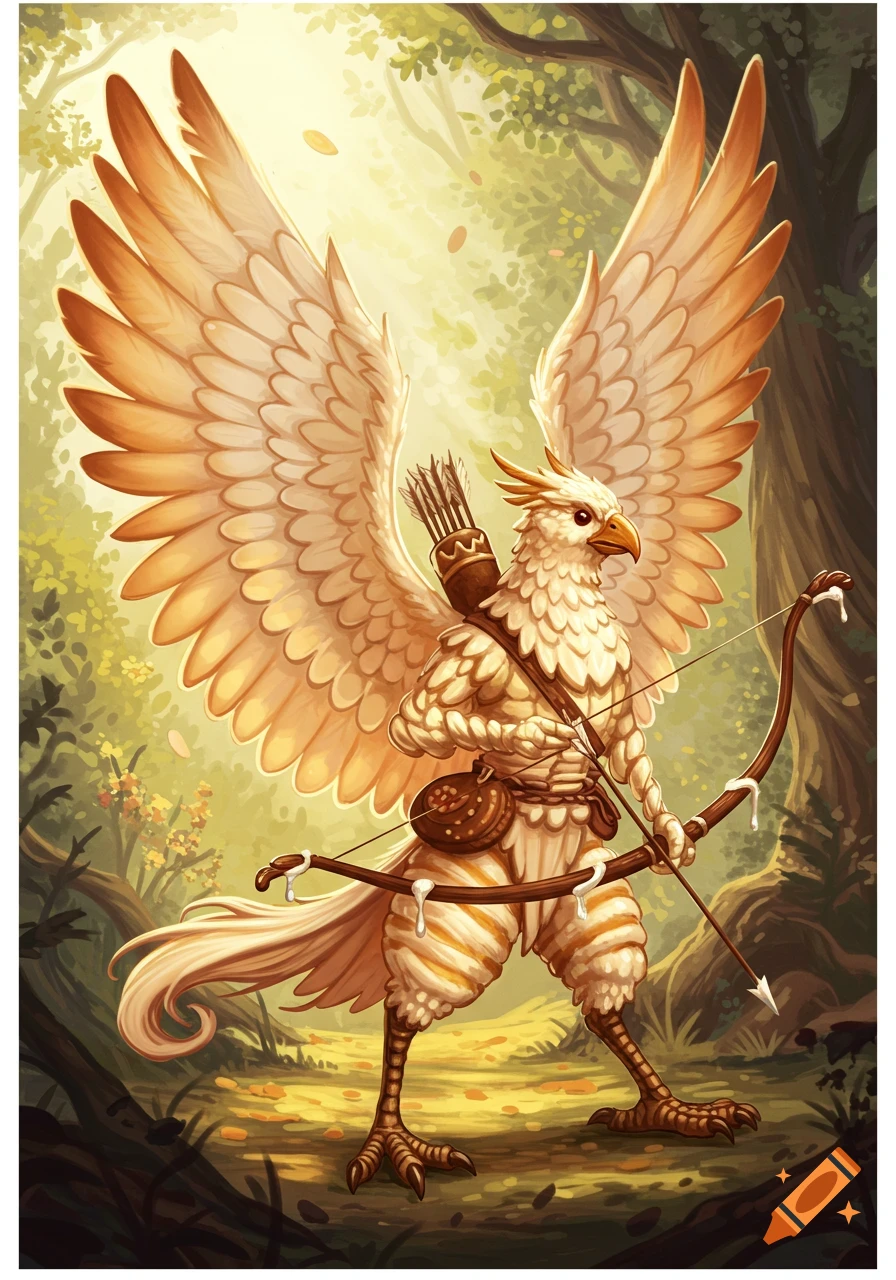 An Aarakocra, a bird-like fantasy creature with large wings, stands in a sunlit forest, holding a bow and arrow.