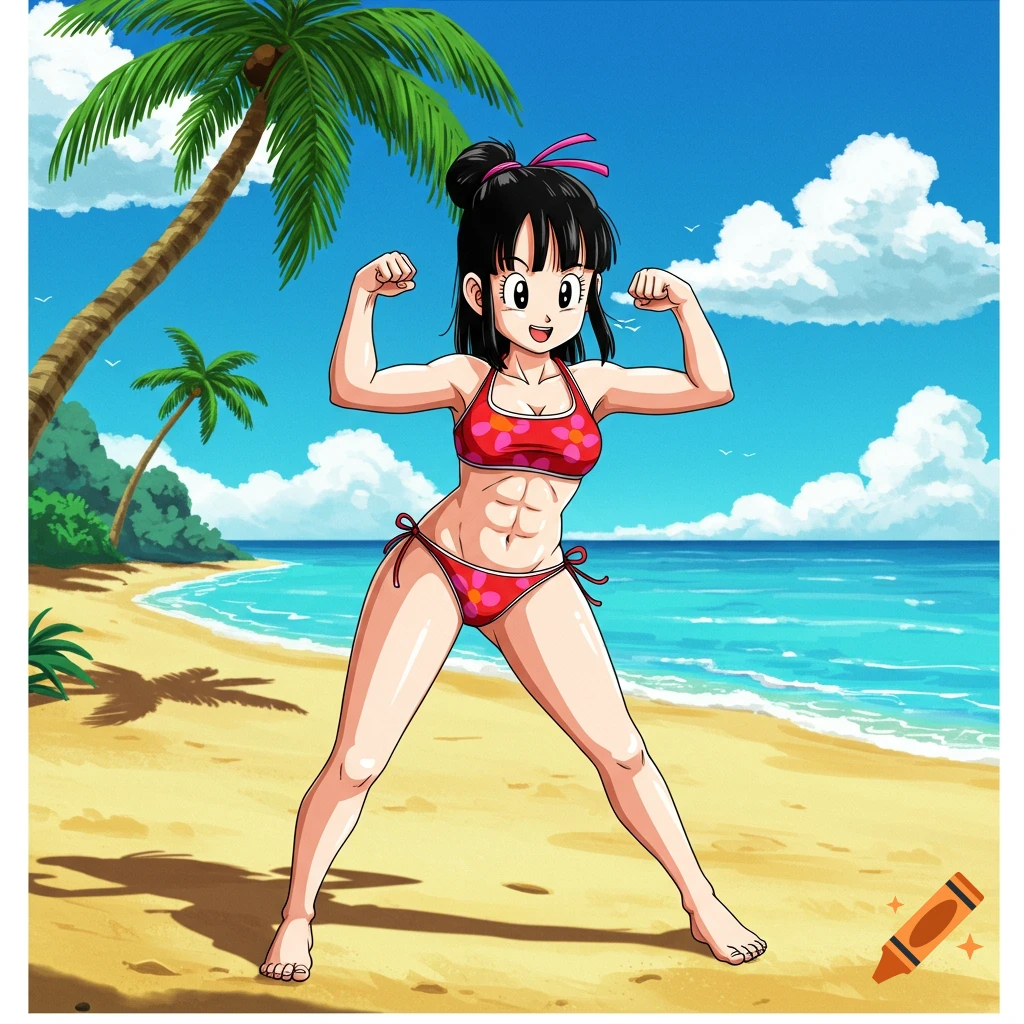 An anime character, Chi-Chi from Dragon Ball, wearing a red bikini and flexing her arms on a sunny beach.