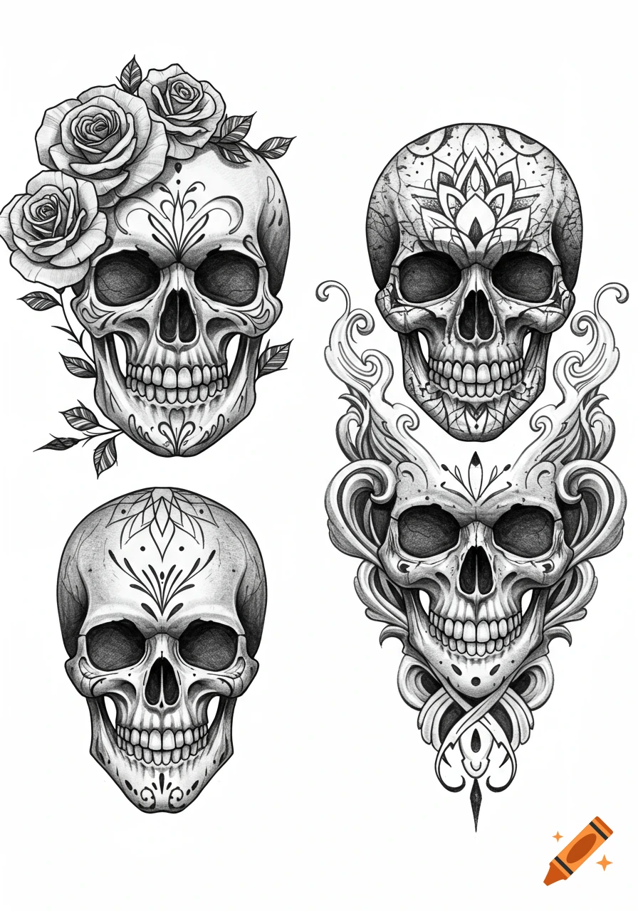 Four stylized skull tattoo designs with light shading and ornamental flourishes on a white background.