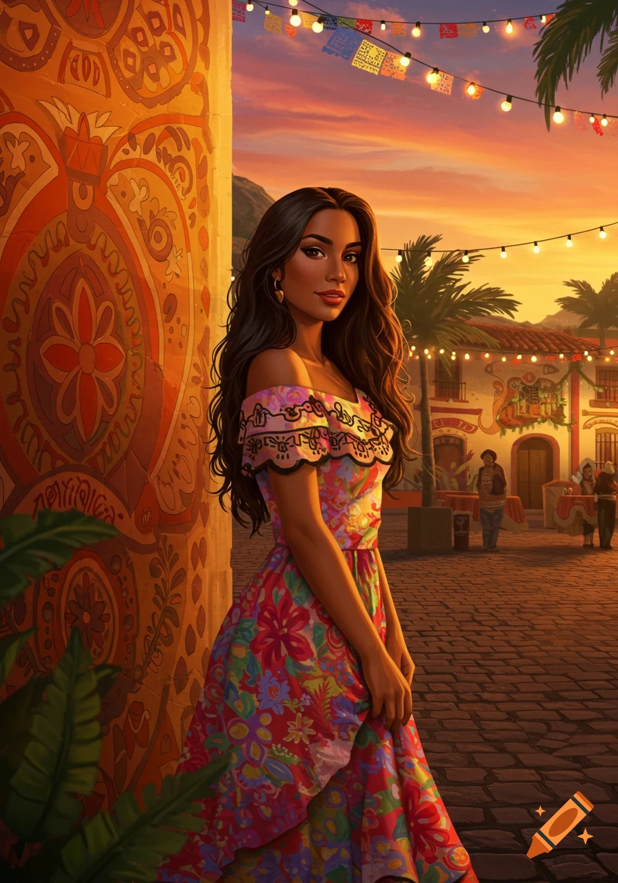 A beautiful Latina woman in a colorful floral dress stands on a cobblestone street next to a vibrant patterned wall, with string lights and buildings in the background at sunset.