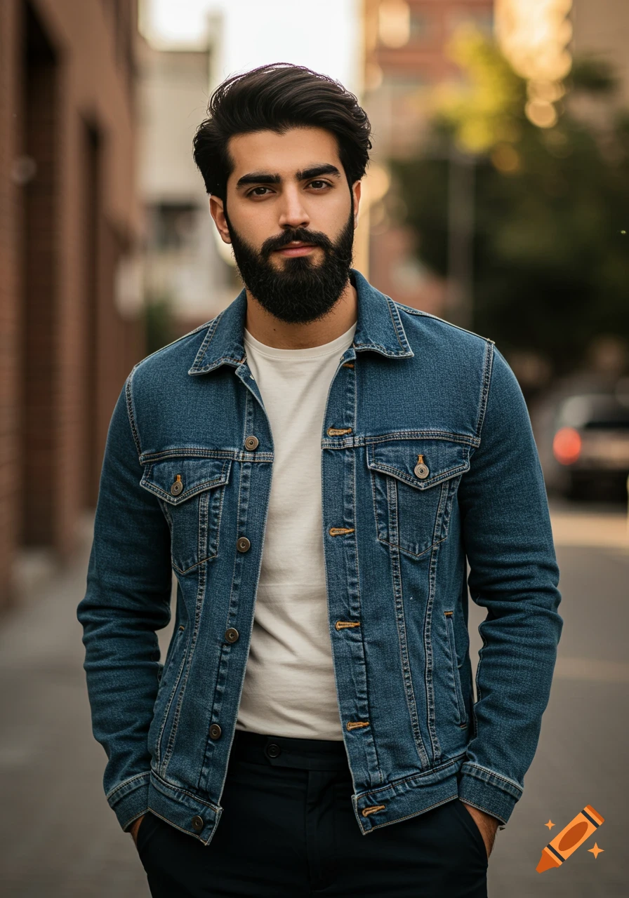 A stylish young man with a beard and dark hair wearing a denim jacket and white t-shirt, standing outdoors.