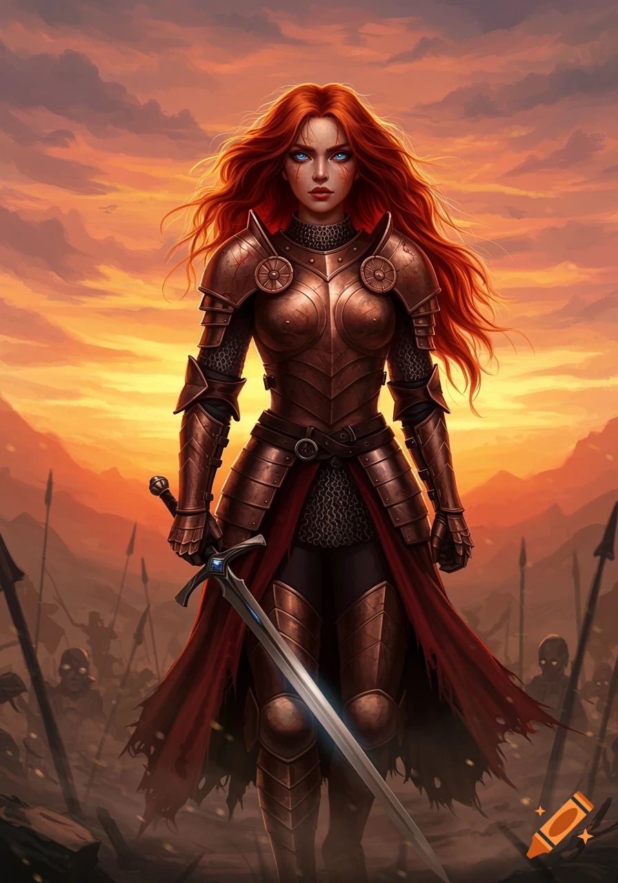 A red-haired female warrior in detailed bronze armor stands holding a sword on a battlefield at sunset, in a fantasy art style.