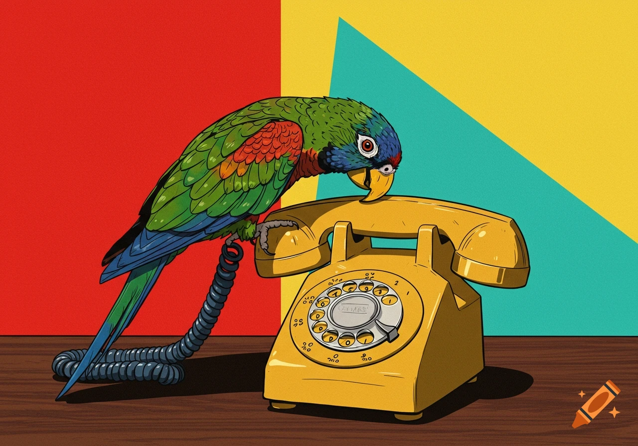 A vibrant illustration of a green parrot looking at a yellow rotary phone on a wooden table, with a red, teal, and yellow background.