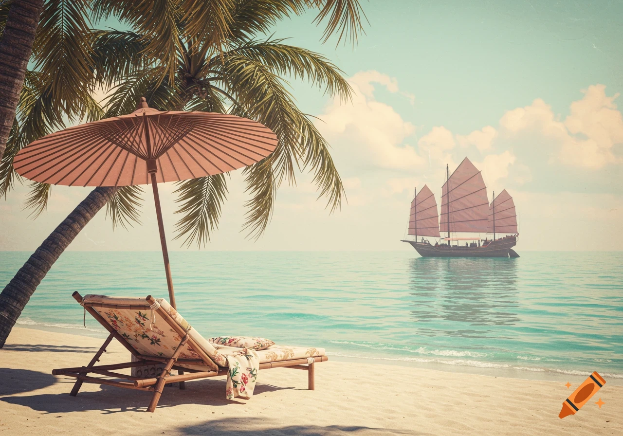 A retro pastel tropical beach scene with a lounge chair under a palm tree and umbrella, facing a junk boat on calm turquoise water.