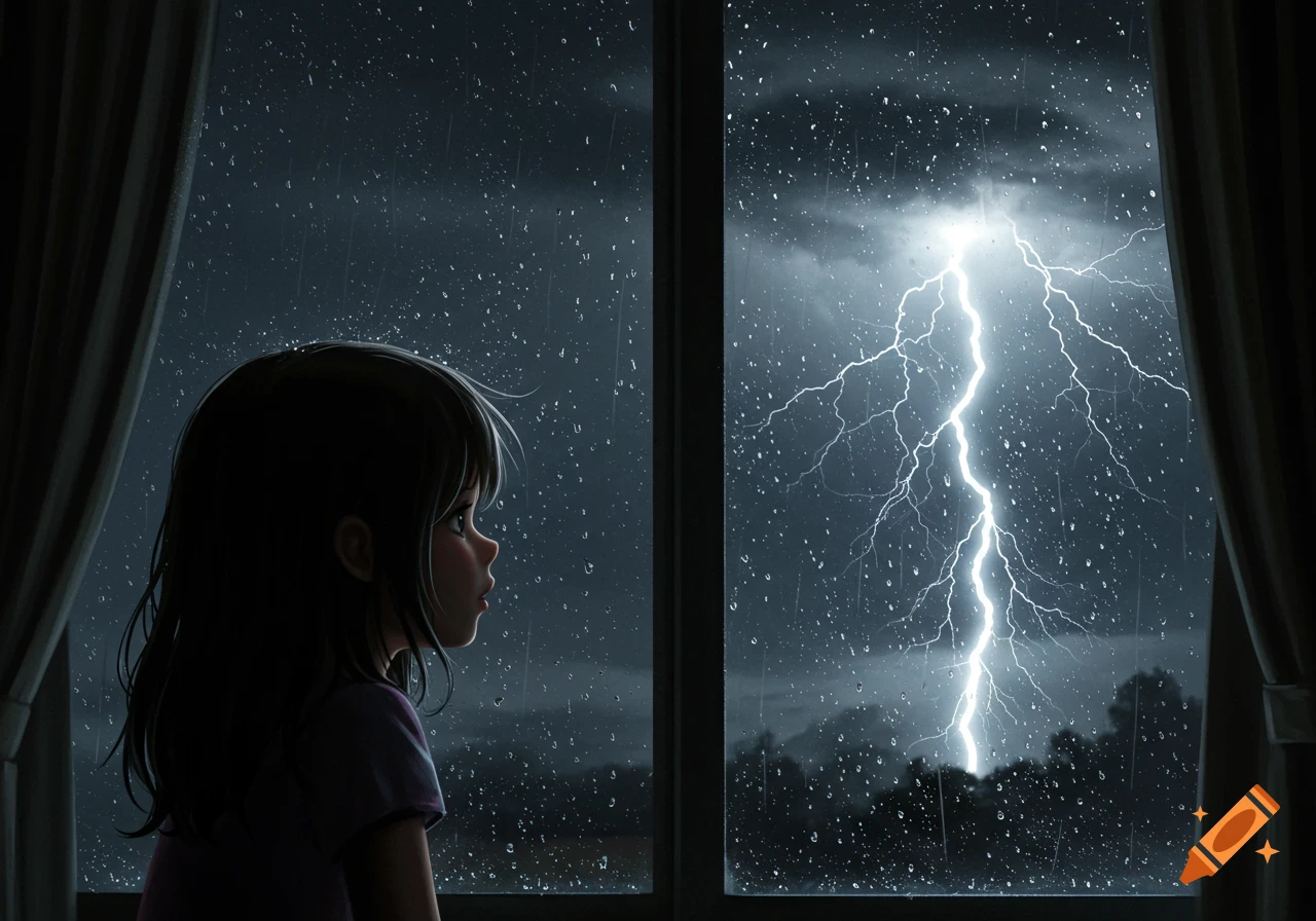 A young girl looks out a window at a powerful lightning strike during a heavy thunderstorm, in an anime-illustration style.
