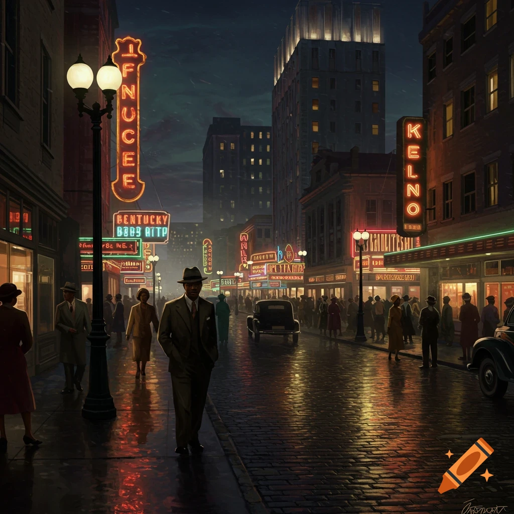 A bustling 1940s street scene at night, with people walking on a wet sidewalk reflecting neon signs and car lights.