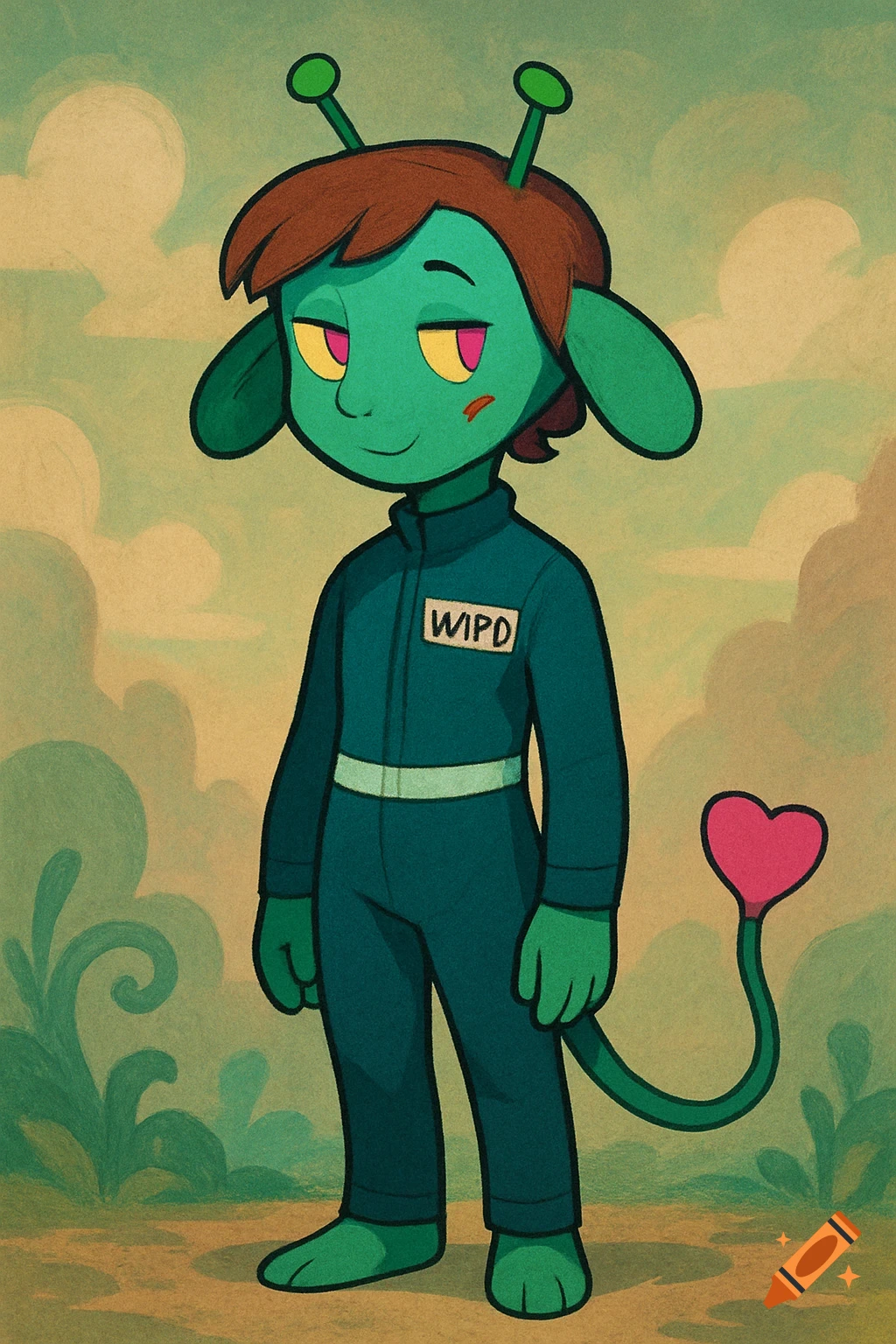 A cartoon alien character with green skin, brown hair, green antennae, and a heart-shaped tail, wearing a dark blue jumpsuit with a 'WIPD' name tag, standing against a textured, light green and brown background.