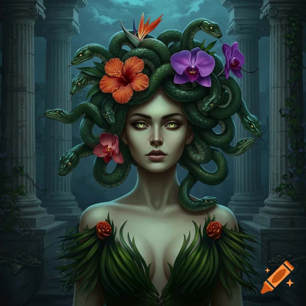 A portrait of Medusa with green skin, snakes and colorful flowers in her hair, against a backdrop of ancient stone columns.